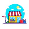 Shop Cart And Shop Building Cartoon Vector Icon Illustration. Building Business Icon Concept Isolated Premium Vector. Flat Cartoon Style