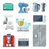 Cooking equipment flat icons set. Toaster and stove, kettle and mixer, refrigerator and grinder, blender object. Vector illustration